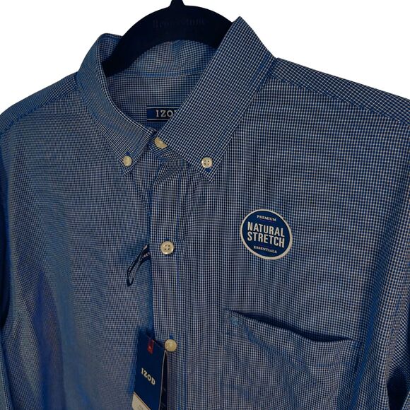 NEW! IZOD Blue Check Small Men's Natural Stretch Long Sleeve Button Down Shirt - Picture 1 of 6